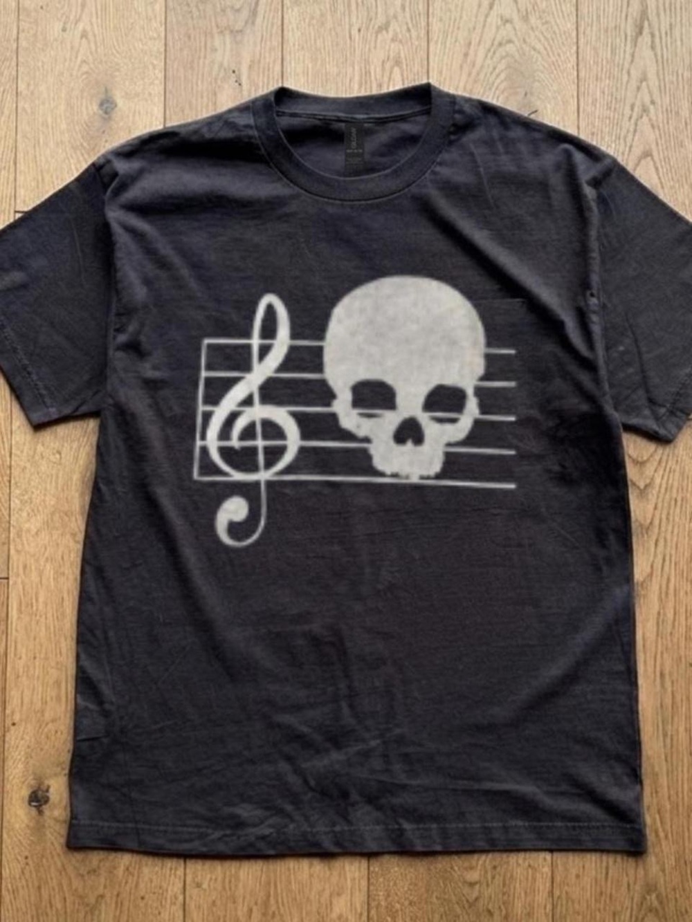Gildan Black Tee with White Skull & Treble Clef Graphic